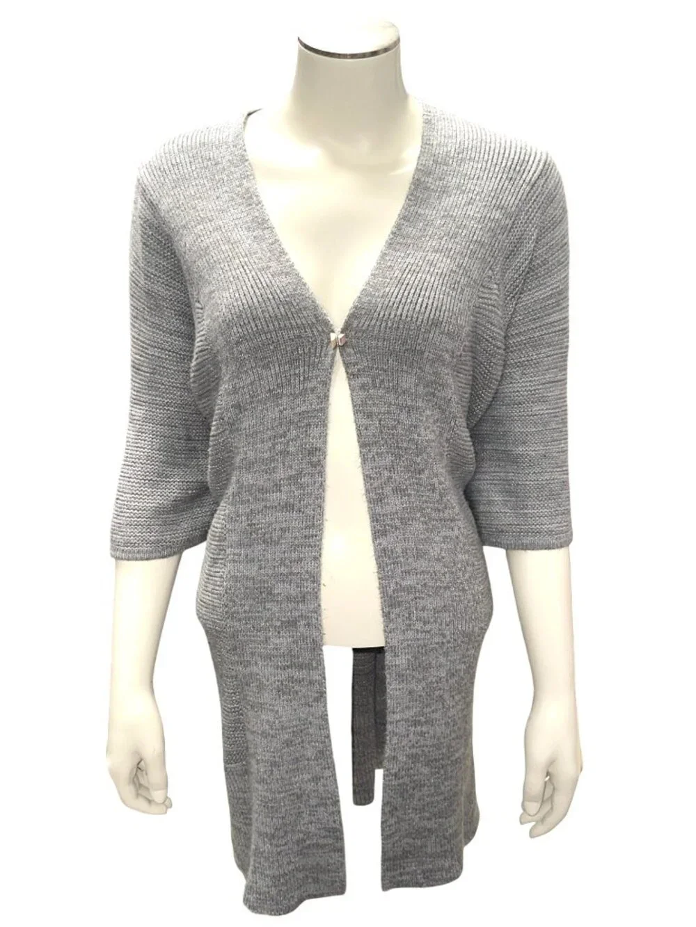 Apt 9 Med Open Gray Marled Rib Knit Hook Front Longline Cardigan Layering Luxe - Picture 2 of 9